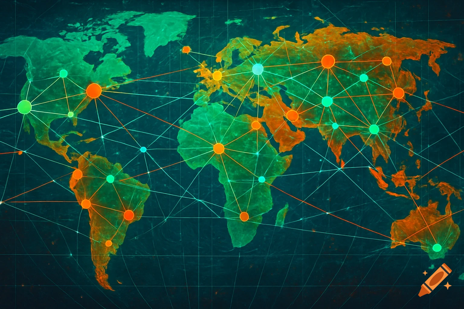Stylized world map with green and orange continents, overlaid with a glowing network of connected lines and nodes.