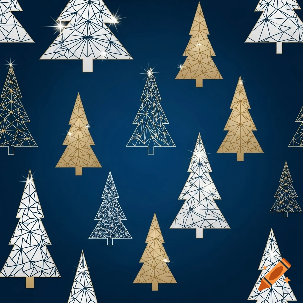 A repeating pattern of stylized white and gold geometric Christmas trees on a dark blue background.