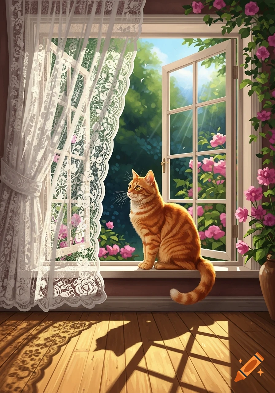 An orange tabby cat sits on a sunlit windowsill with white lace curtains, looking out at a lush garden with pink flowers and green foliage.