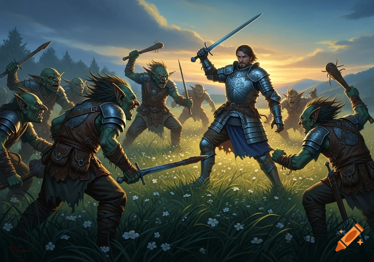 A knight in shining armor battles a horde of goblins in a grassy meadow at dusk, fantasy art style.