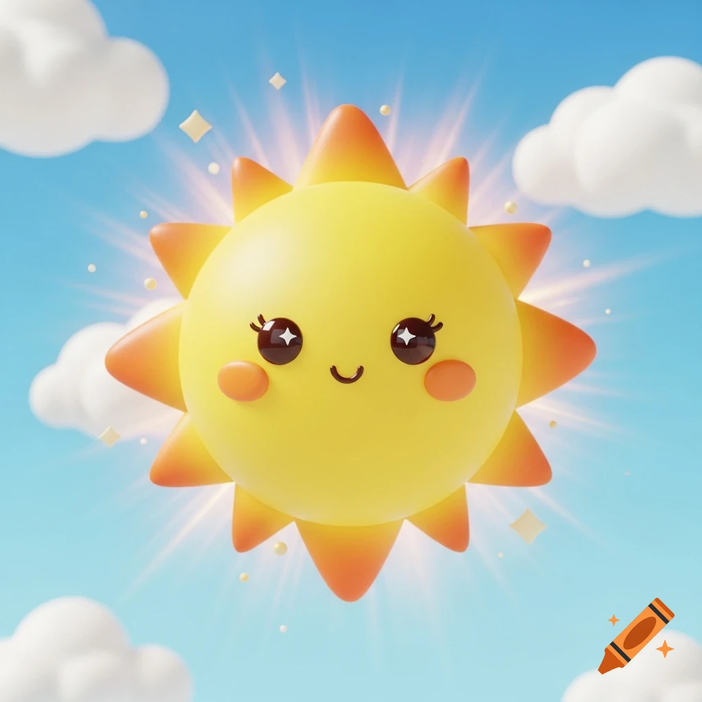 A cute 3D kawaii sun with a smiling face, big sparkling eyes, and rosy cheeks, against a bright blue sky with fluffy clouds.