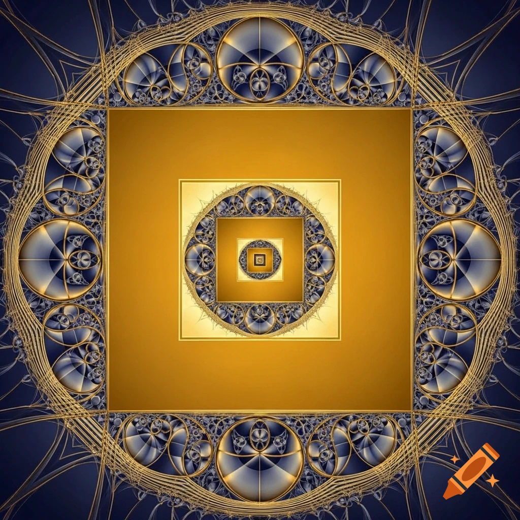 Abstract fractal pattern of concentric squares and circles with intricate gold and dark blue metallic designs.