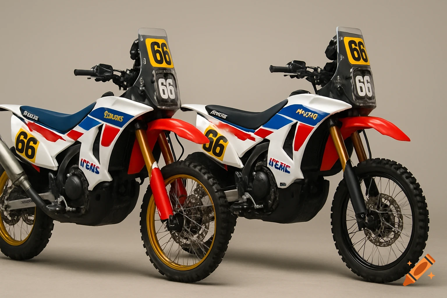 Two photorealistic Honda RX450 Rally motorcycles, one with gold rims and one with black rims, both with number 66, in a studio.