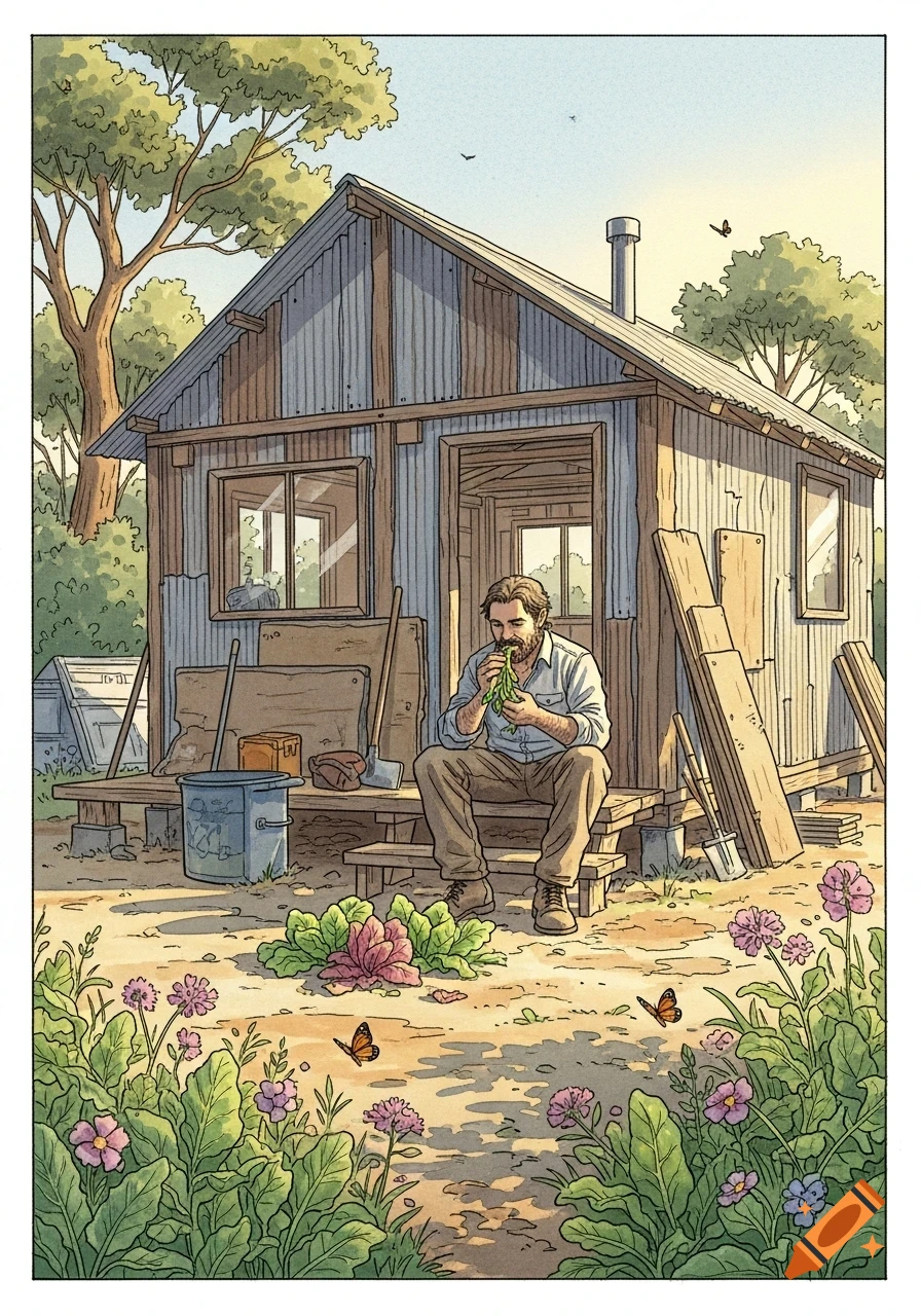An illustrated man with a beard sits outside a rustic cabin, eating green vegetables from a garden with flowers and butterflies.