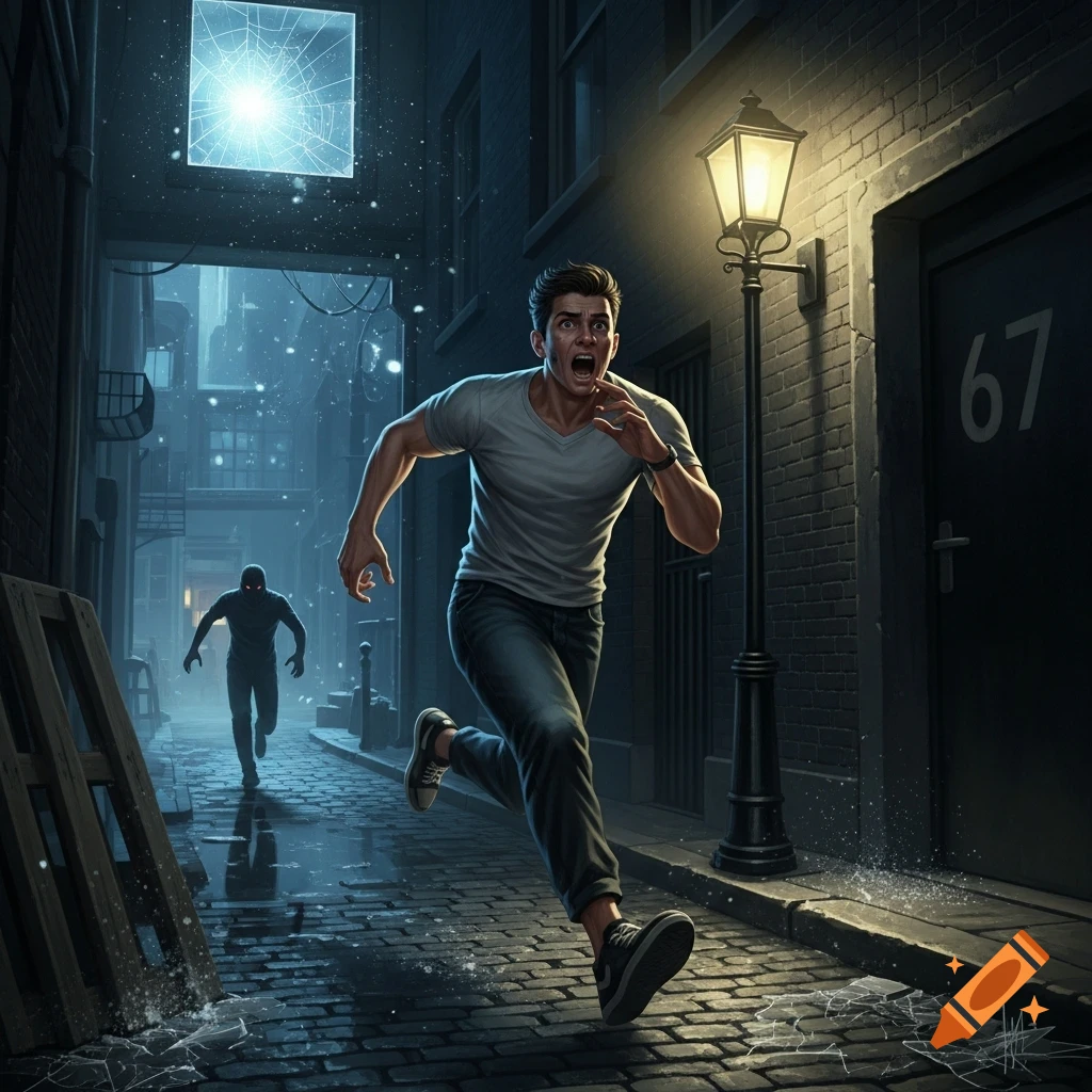 Terrified man runs through a dark, wet alley, pursued by a shadowy figure, under a glowing cracked square.