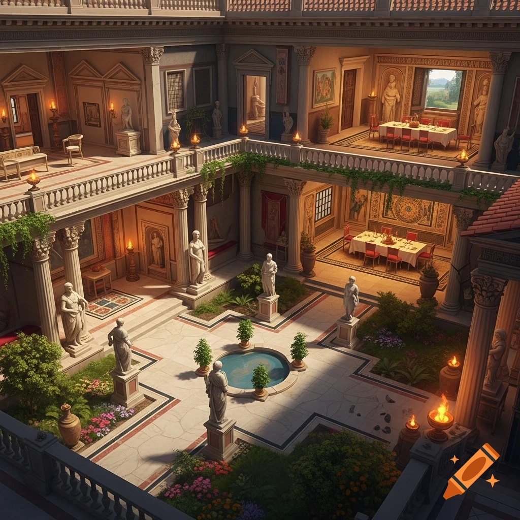 Grand Roman domus with a central courtyard garden, fountain, and multiple levels featuring balconies, columns, and classical statues.
