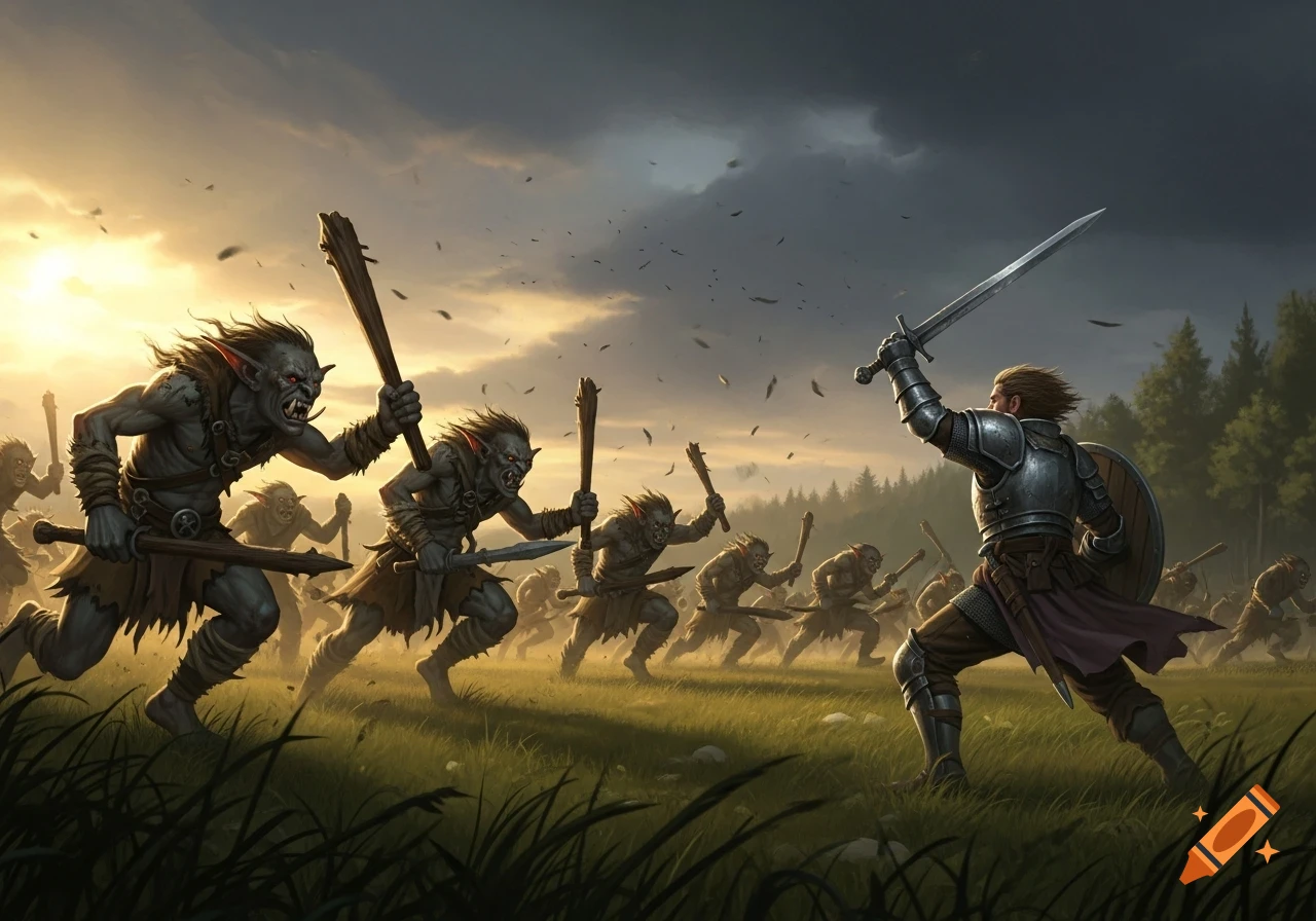 A lone knight in shining armor faces a horde of attacking goblins in a grassy meadow under a dramatic sky, in a fantasy art style.