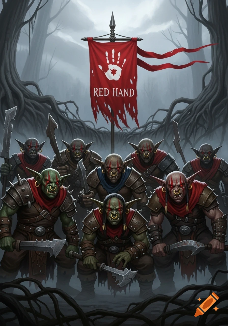 A group of fierce, green-skinned orc warriors with red eyes, tusks, armor, and weapons stand in a misty forest under a torn red banner that reads "RED HAND" with a white handprint.