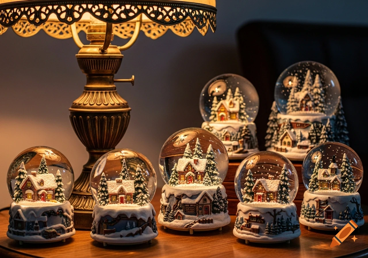 Illuminated snowglobes with miniature houses and snow-covered trees, beside an ornate brass lamp on a wooden table.
