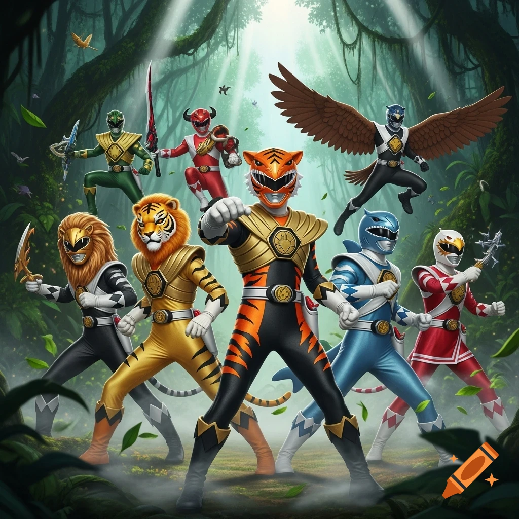 Seven animal-themed Power Rangers, including lion, tiger, and eagle rangers, pose dynamically in a sunlit jungle.