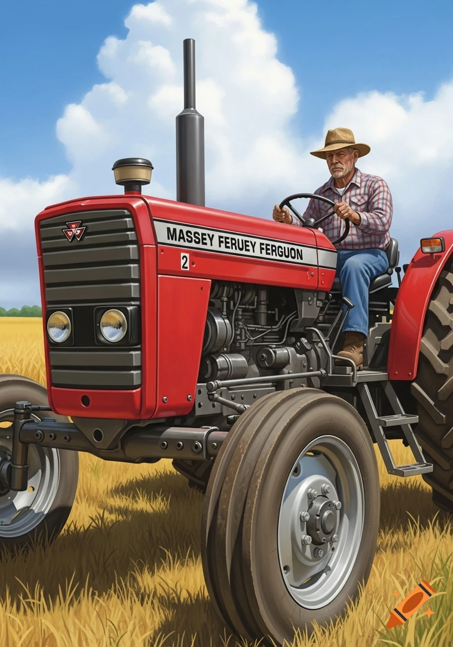 Painted illustration of a farmer in a straw hat driving a red tractor through a golden field under a blue sky with white clouds.