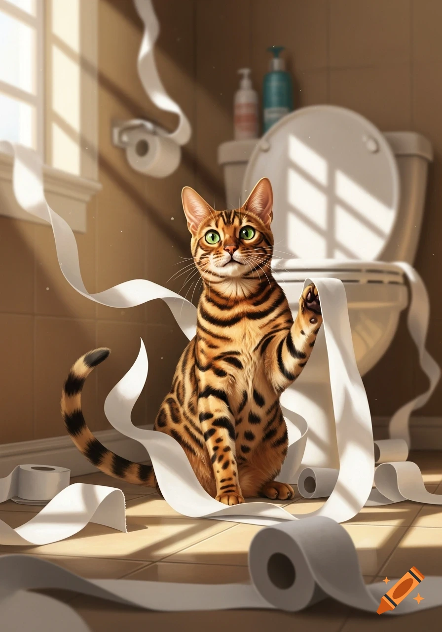 A playful Bengal cat unrolls toilet paper all over a sunlit bathroom floor next to a toilet.