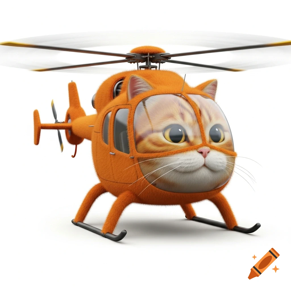 An orange furry helicopter with an orange cat's face as the cockpit, on a white background in a realistic style.