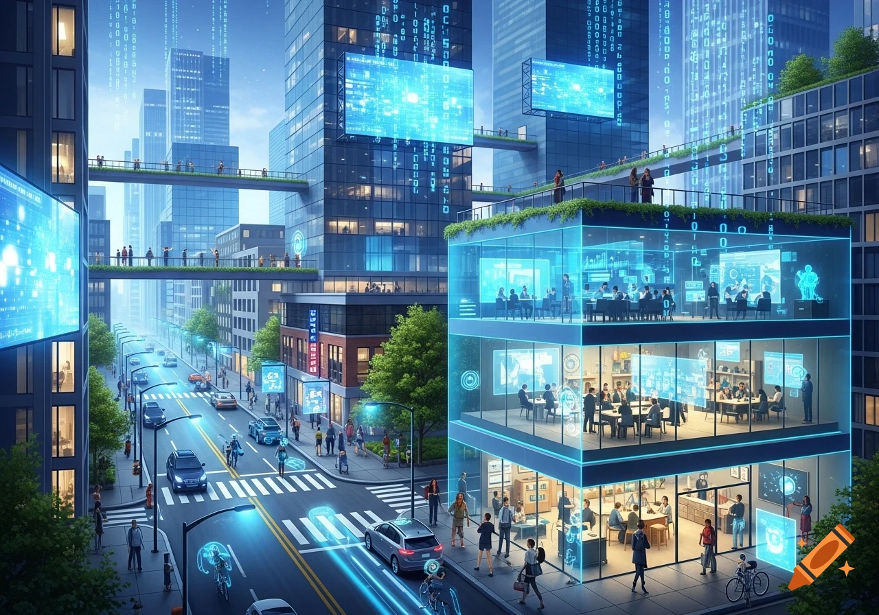 A futuristic city street scene at dusk with towering glass buildings featuring glowing blue digital displays and binary code. Cars, pedestrians, and cyclists move along the street, illuminated by blue light trails, depicting a digitally connected urban environment.