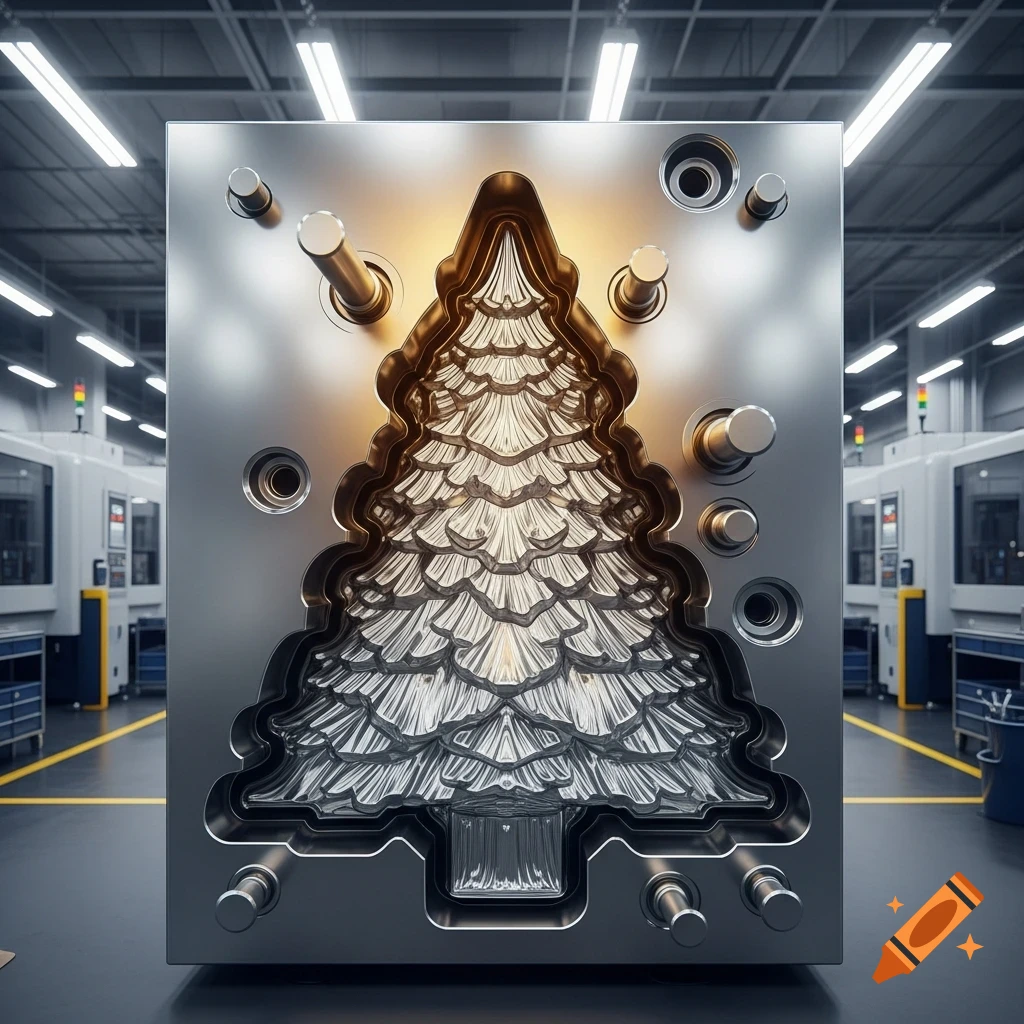 Photorealistic image of a metallic injection mold shaped like a Christmas tree, set within a manufacturing factory.