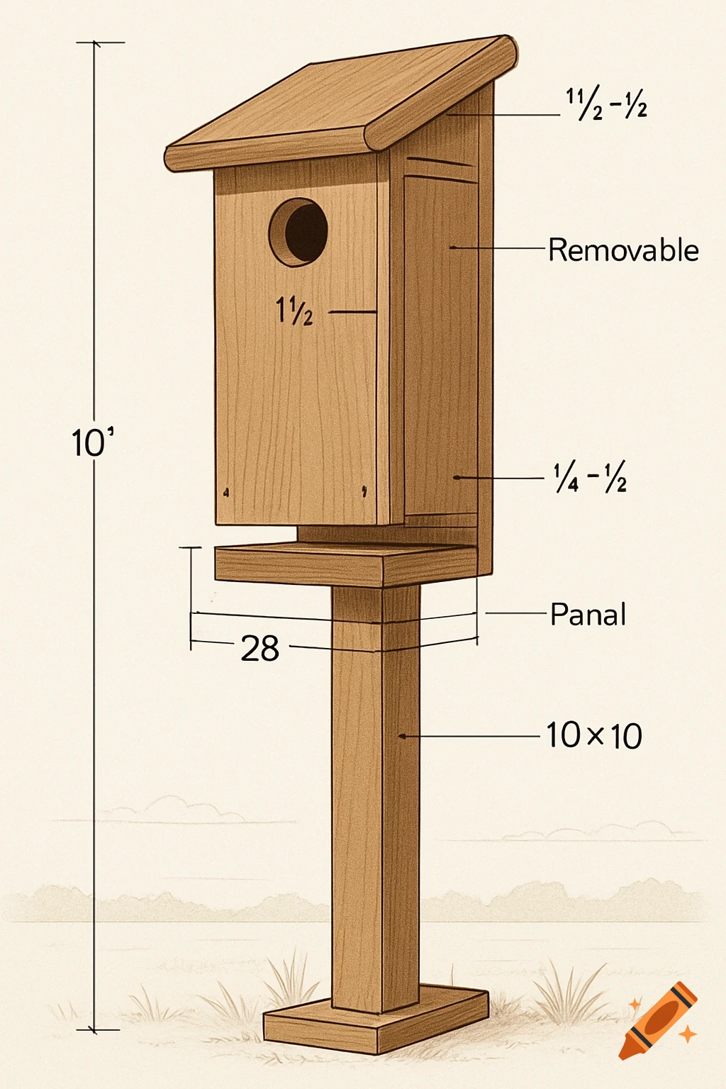 A technical drawing of a wooden birdhouse with a sloped roof on a tall stand, featuring various dimensions and labels like "10'" for height, "10x10" for the base, and "Removable" on a side panel.