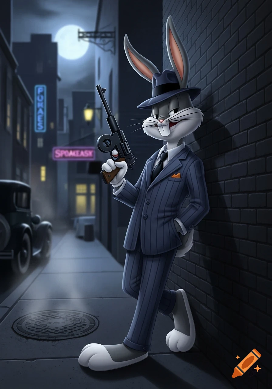 Bugs Bunny as a mobster in a pinstripe suit and fedora, holding a tommy gun in a dark alley at night.