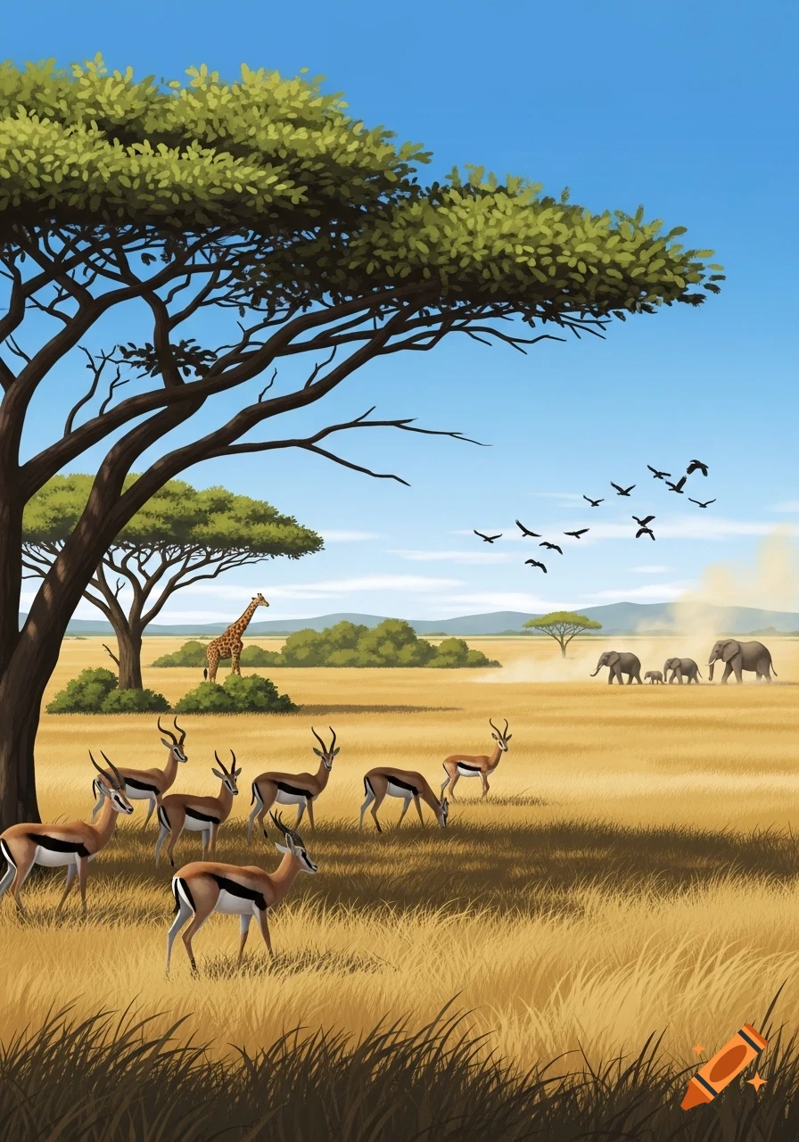 Illustrative savanna scene with acacia trees, grazing gazelles, walking elephants, a giraffe, and birds flying under a blue sky.