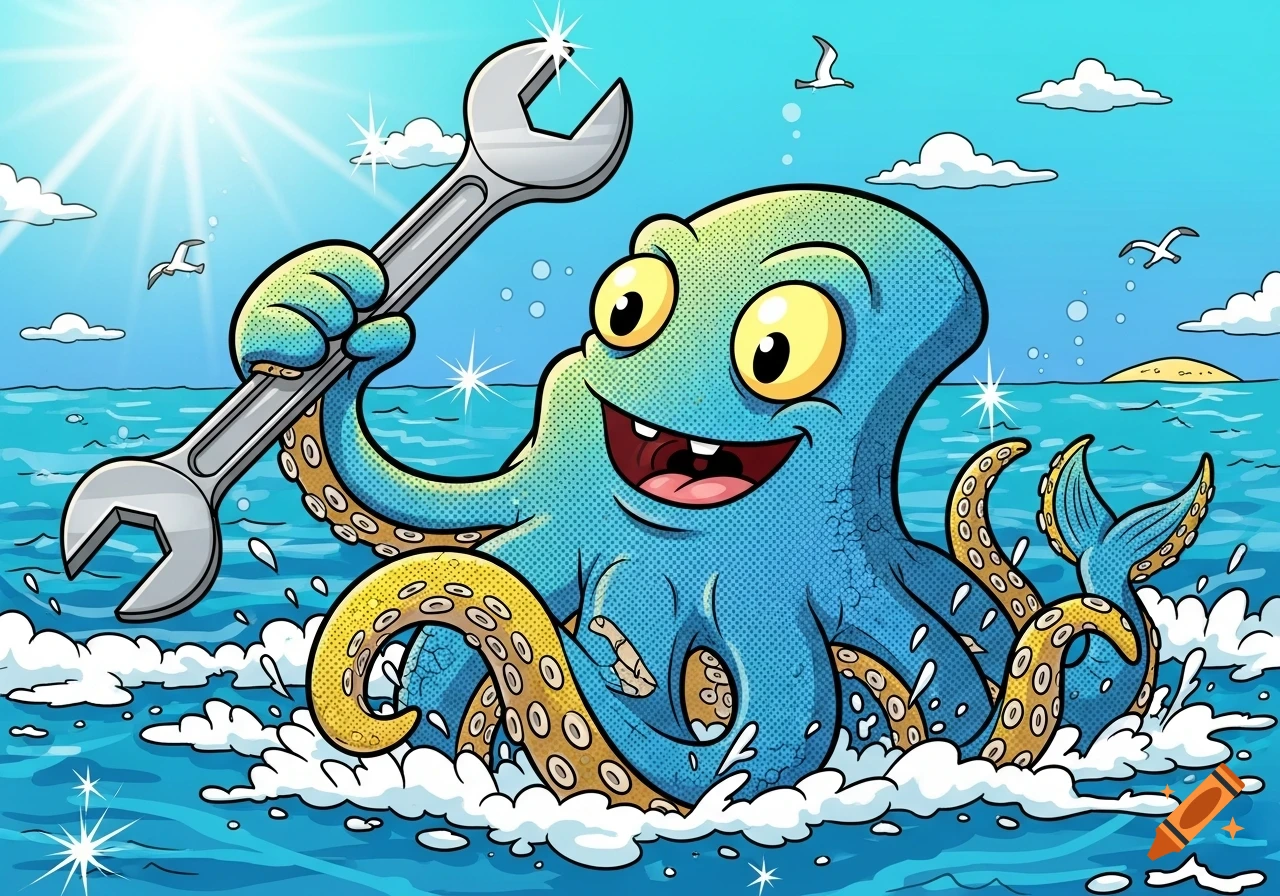 Happy cartoon octopus splashing in the ocean, holding a large wrench under a sunny sky.