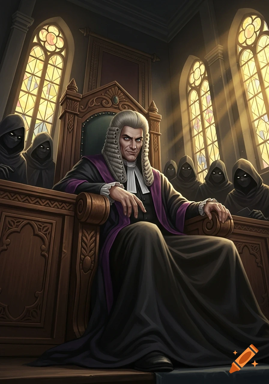 A stern judge in a white wig and purple robes sits on a throne in a gothic courtroom, surrounded by shadowy hooded figures.