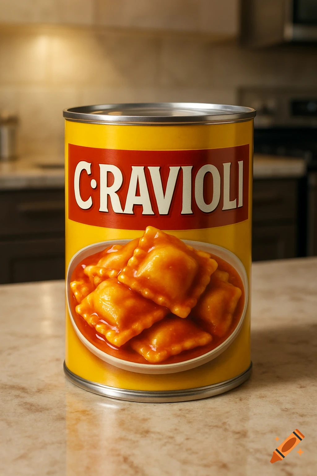 A yellow can labeled C:RAVIOLI, featuring an image of ravioli in sauce, sits on a kitchen counter.