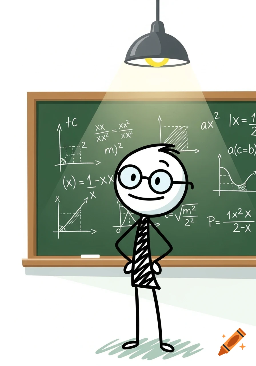 A cartoon stick figure with glasses smiles while standing in front of a green chalkboard filled with mathematical equations and graphs, illuminated by a spotlight.