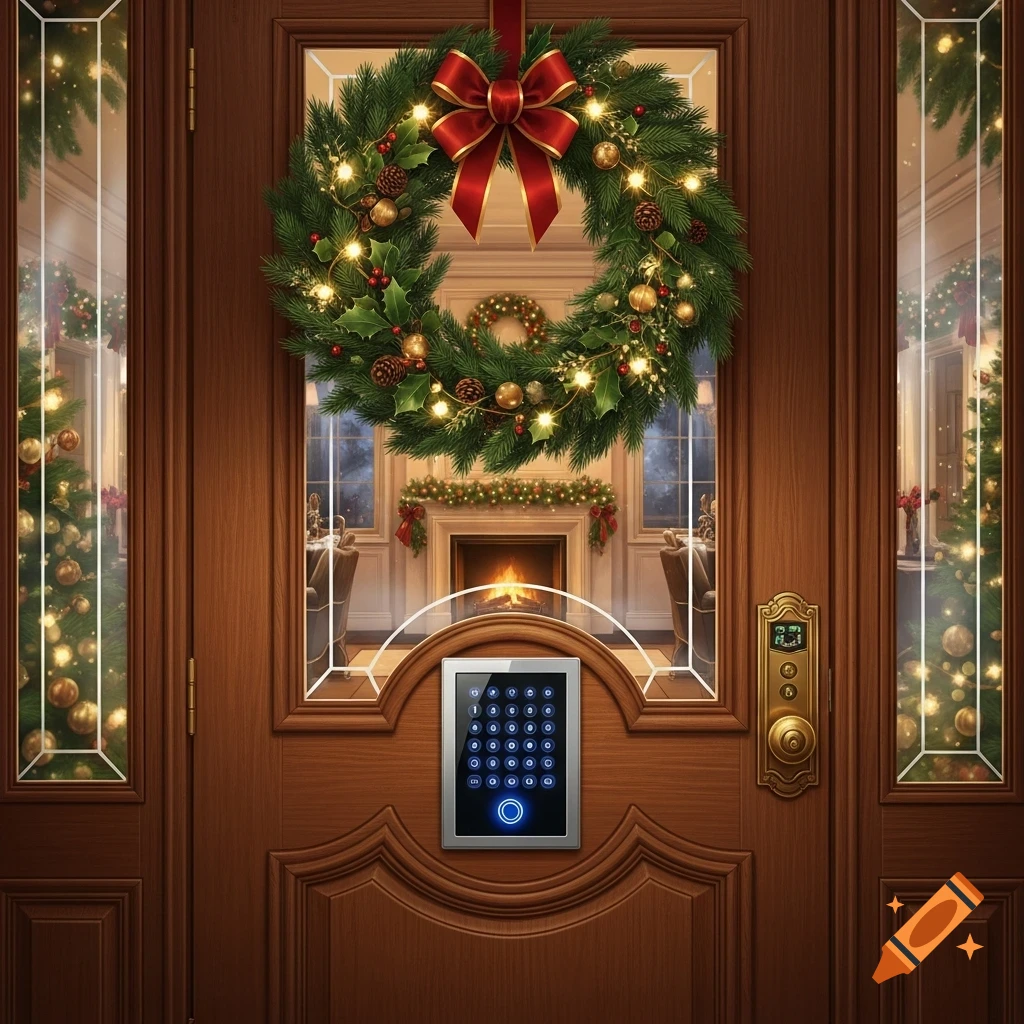 Photorealistic image of a wooden door adorned with a lit Christmas wreath, golden handle, and an alphanumeric keypad.