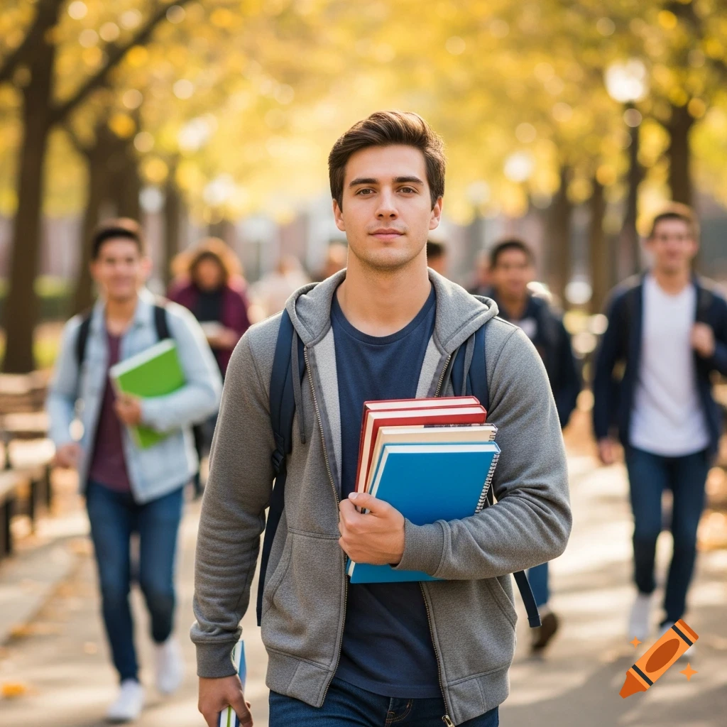 A realistic photo of a male college student with a backpack carrying books, walking on a sunny campus with other blurred students in the background.