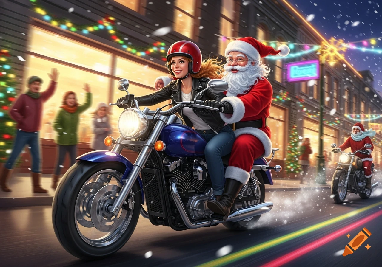 A woman and Santa Claus ride a motorcycle down a festive, snowy street at night, illuminated by colorful lights. Another Santa follows.