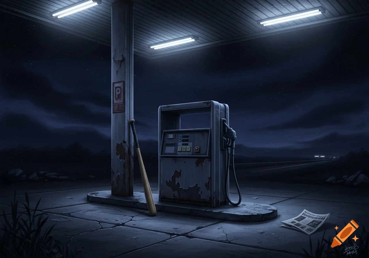 An eerie, abandoned gas station at night with a baseball bat leaning against a pillar and a crumpled newspaper on the ground.