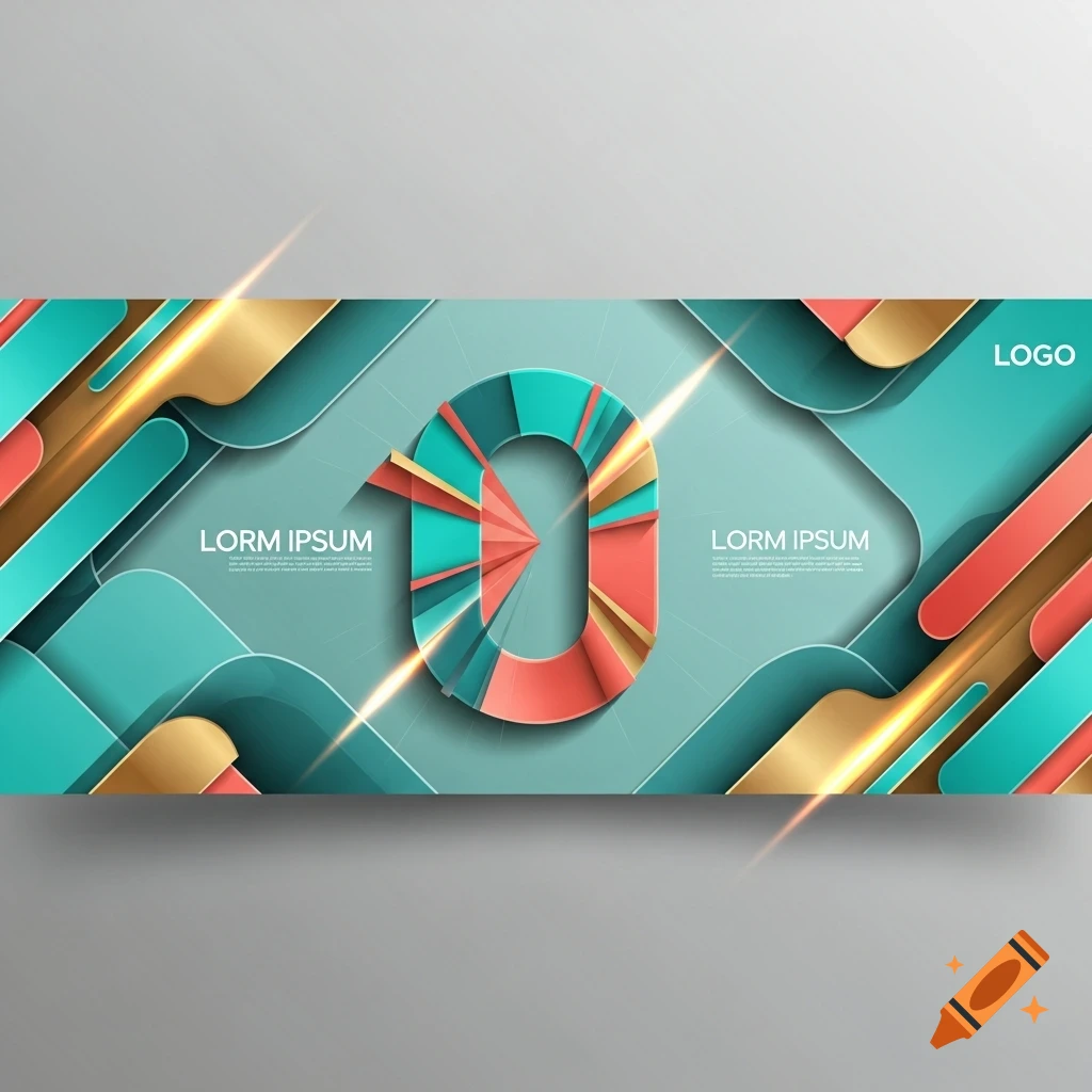 An abstract banner with teal, coral, and gold geometric shapes, a large stylized '0' or 'O' in the center, and 'LORM IPSUM' placeholder text.
