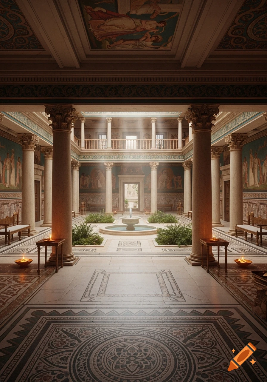 A grand, symmetrical ancient Roman domus courtyard with columns, a central fountain, lush greenery, and ornate floor mosaics, bathed in soft light.