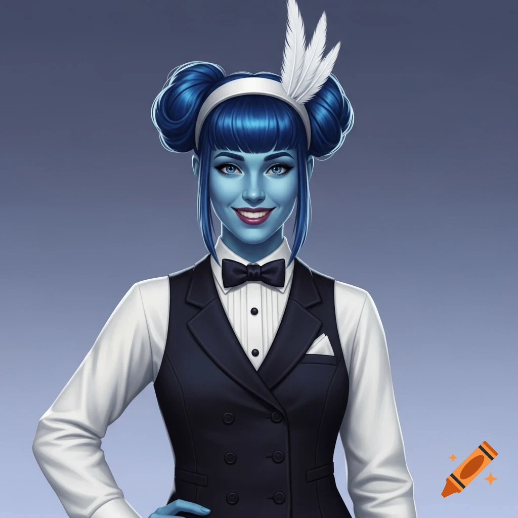 A blue-skinned woman with blue hair styled in buns with white feathers, smiles wearing a white shirt, black bow tie, and double-breasted vest.