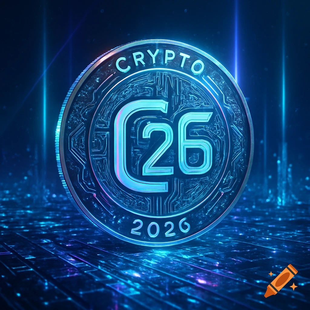 A glowing neon blue cryptocurrency coin with 'CRYPTO C26 2026' text and circuit board patterns on a dark, digital background.