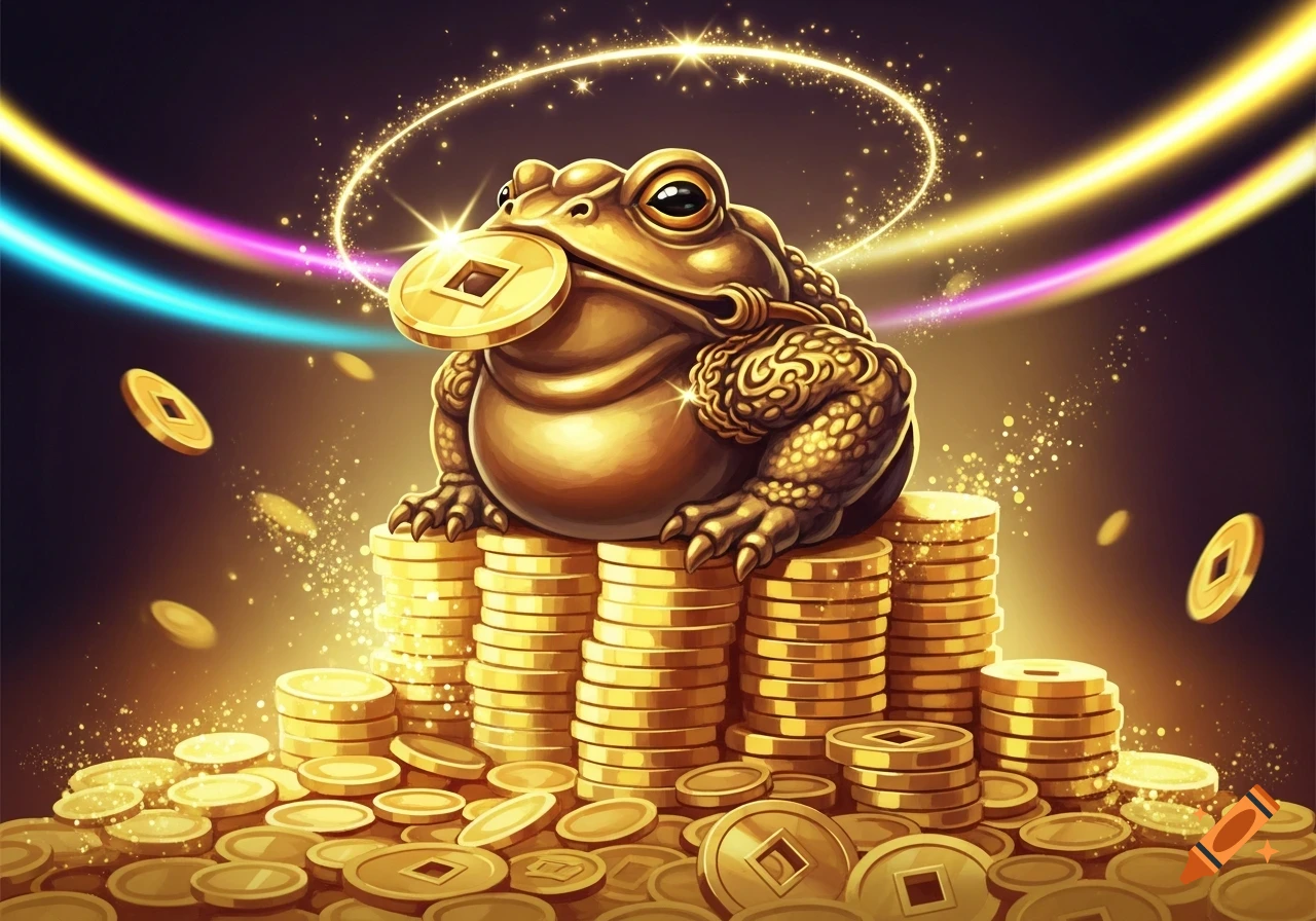 A stylized golden lucky toad sits on a mountain of gold coins, holding a coin in its mouth, surrounded by glowing magical energy and neon lights.