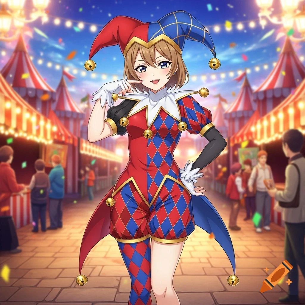 Anime girl in a red and blue jester costume smiling and posing at a vibrant carnival.