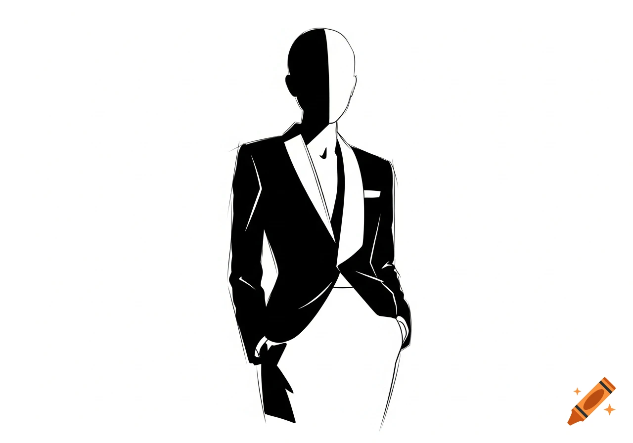 Minimalist black and white illustration of a figure in a tuxedo, with a split black and white face, hands in pockets.
