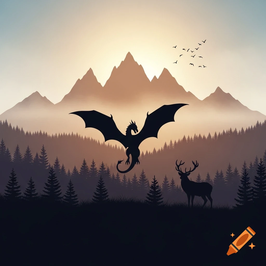 A fantasy silhouette illustration of a dragon flying over a forest and mountains at sunrise, with a deer standing in the foreground.