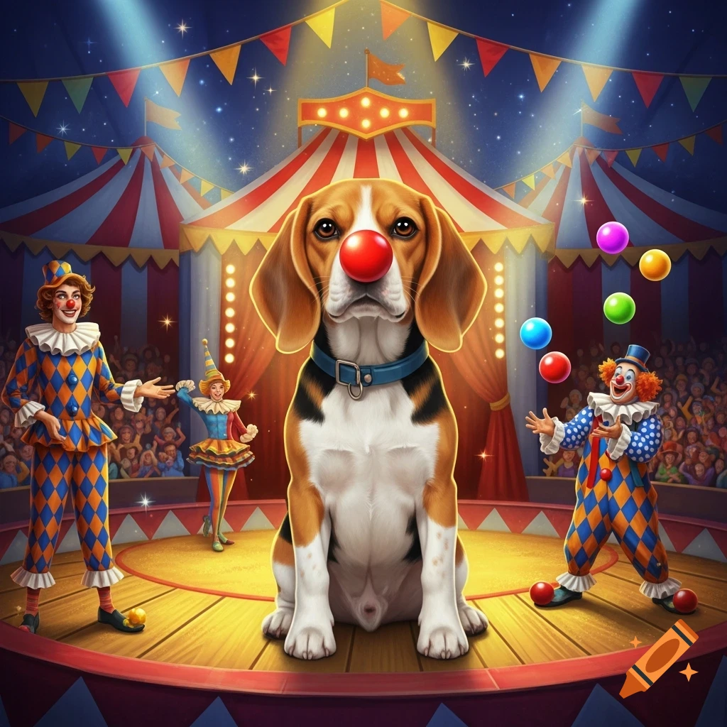 A beagle with a red clown nose sits on a circus stage, flanked by two clowns, with a colorful circus tent and audience in the background.