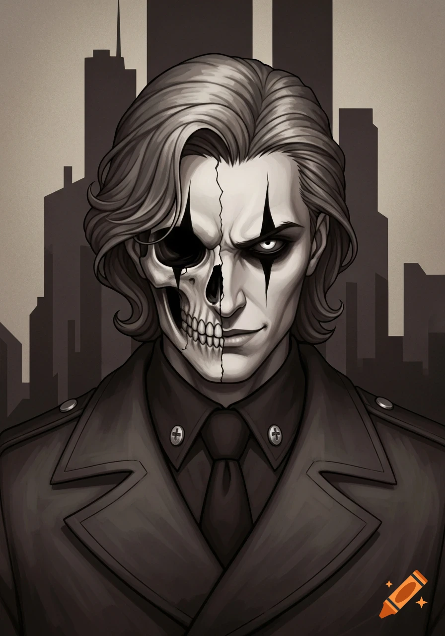 Stylized sepia portrait of a man with a skull face and demonic eyes, wearing an officer's uniform against a city silhouette.