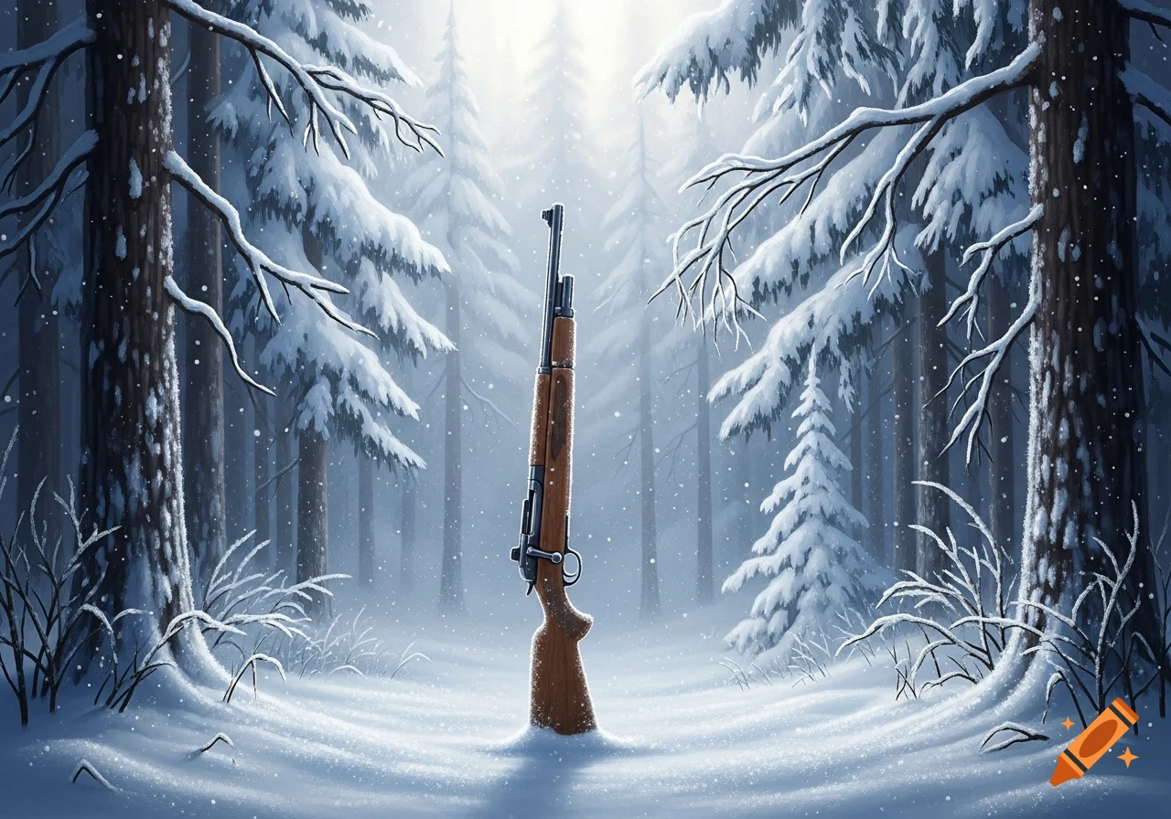 A stylized rifle standing upright in deep snow in a quiet, snowy forest with pine trees and falling snow.