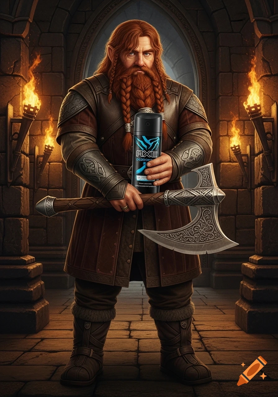 A fantasy dwarf with a braided red beard stands in a stone hall, holding a battle axe and an Axe deodorant can.