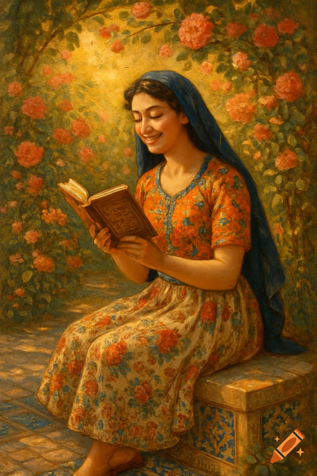A young woman with a blue headscarf and floral dress sits in a vibrant, blooming Persian garden, joyfully reading an open book in a painterly style.
