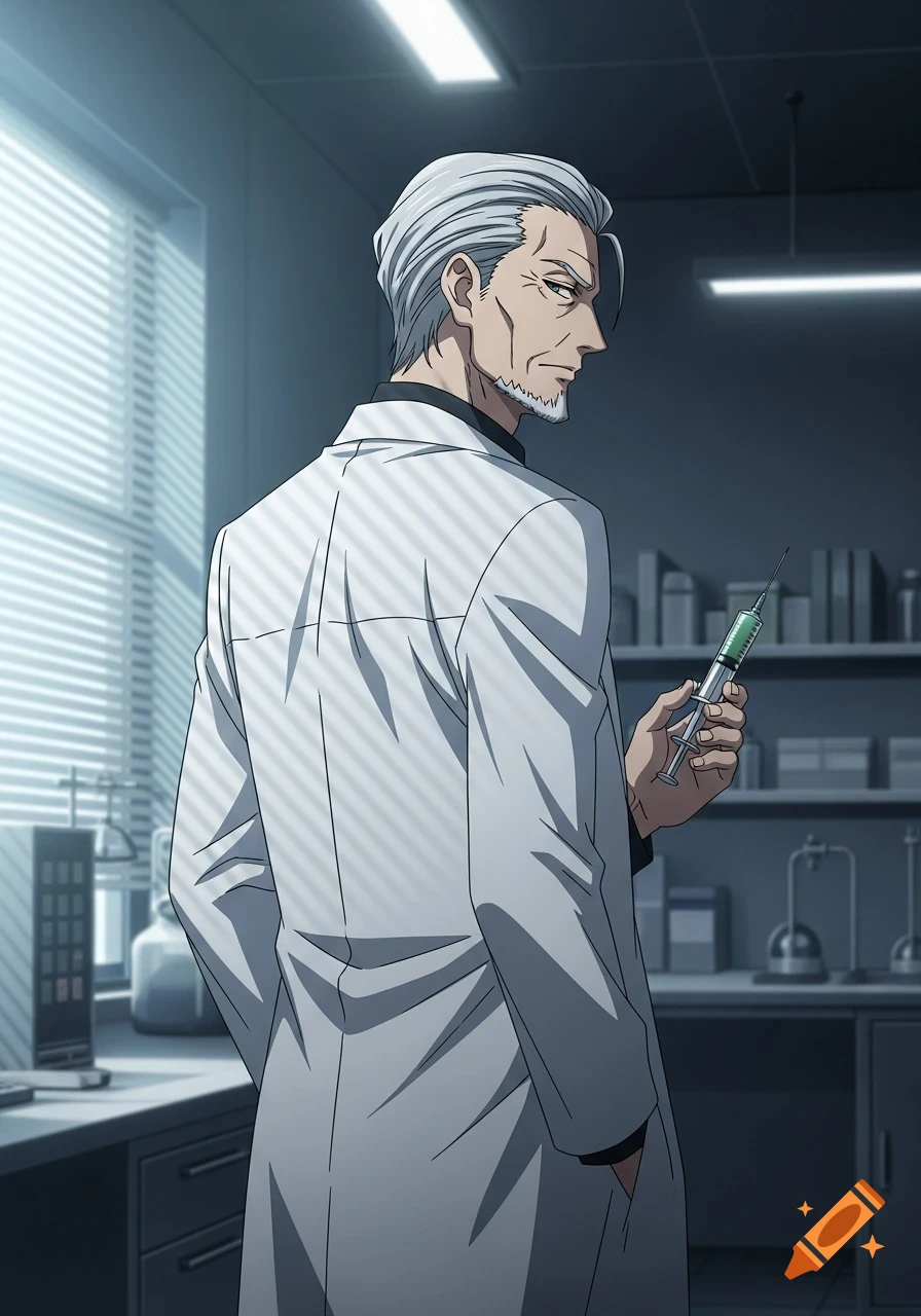 Anime scientist with silver hair and a white lab coat, holding a syringe in a dimly lit laboratory.