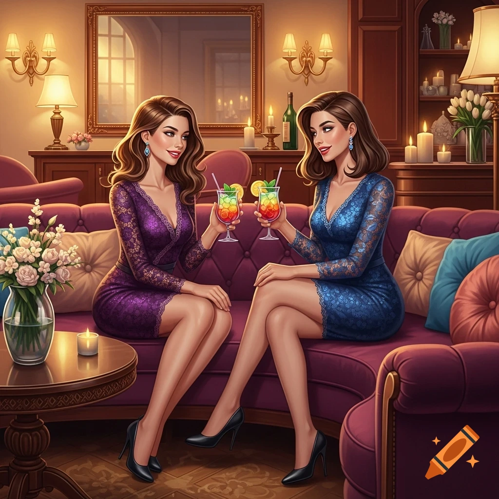 Two women in dresses sit on a purple couch, holding colorful cocktails and smiling at each other in a cozy room.