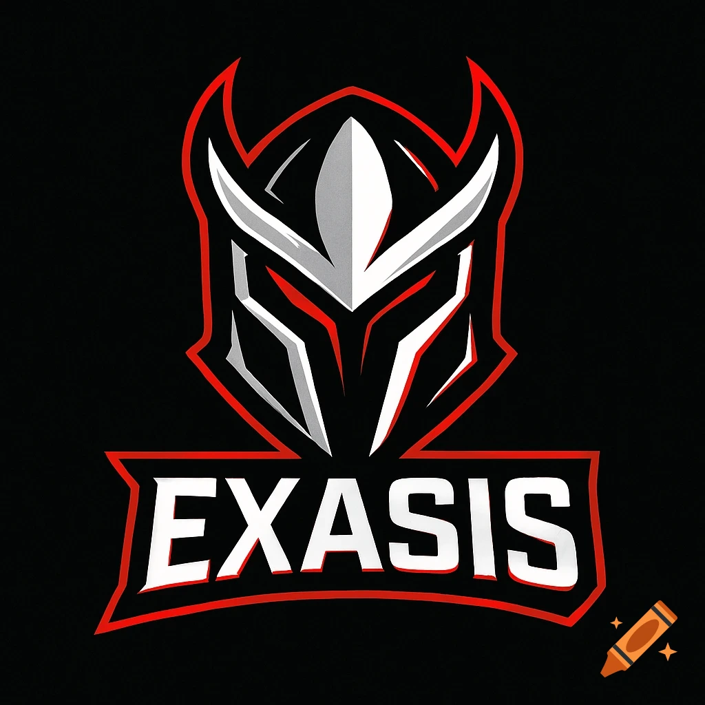 An esports-style logo featuring a stylized white and gray helmet with red accents above the bold white text 'EXASIS' on a black background.