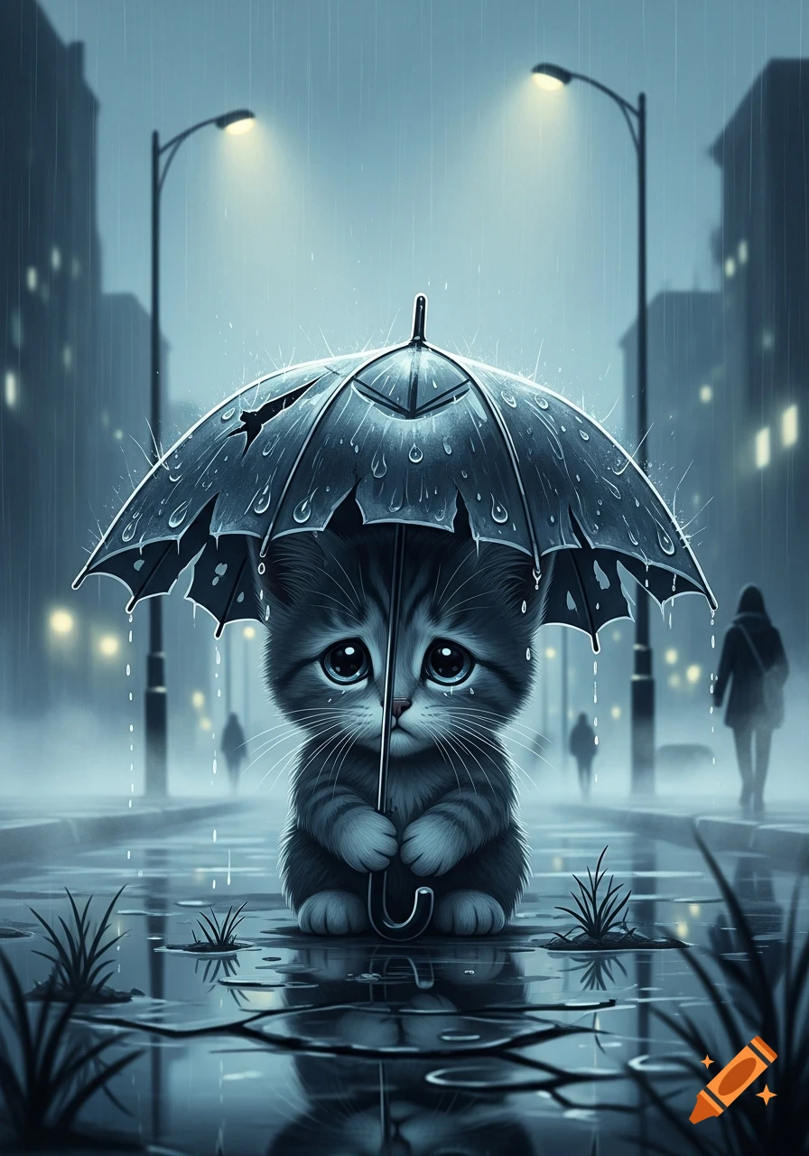 A cute, sad kitten holding a broken umbrella in a rainy city street at night, with reflections.