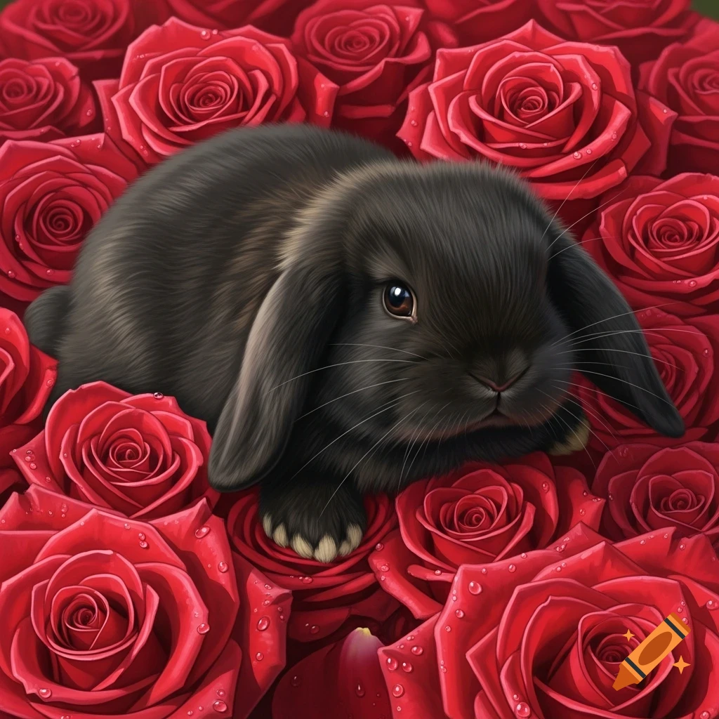 Photorealistic black mini lop bunny nestled in a bed of vibrant red roses with dew drops.