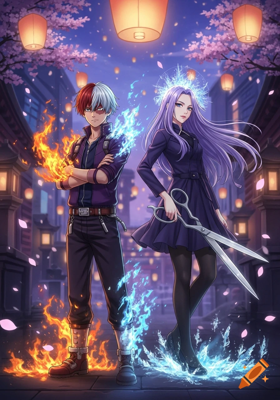 Anime-style duo, a male with red-white hair wielding fire and ice, and a female with purple hair holding large scissors with water powers, on a lantern-lit street with cherry blossoms.
