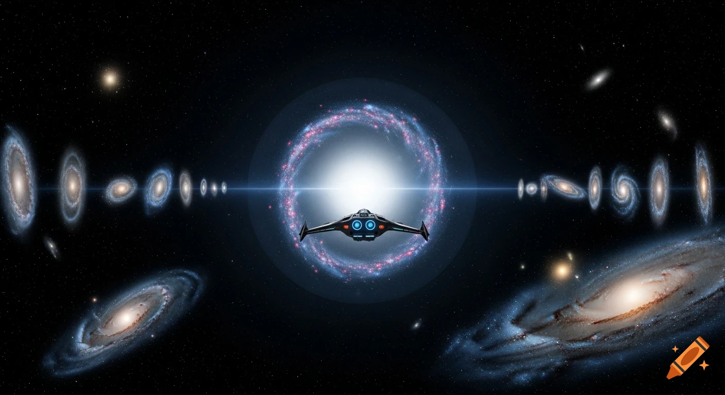 A futuristic spaceship flies towards a bright core surrounded by a spiral galaxy, with many other galaxies in the vast darkness of space.